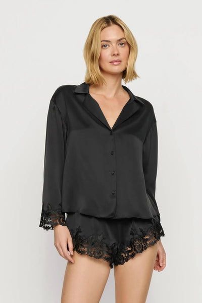 Washable Silk with Lace Embroidery Long Sleeve Top & Short PJ Set