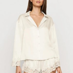 Washable Silk with Lace Embroidery Long Sleeve Top & Short PJ Set