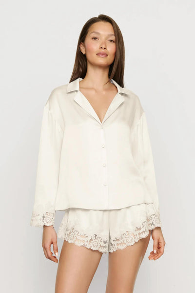 Washable Silk with Lace Embroidery Long Sleeve Top & Short PJ Set