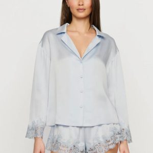Washable Silk with Lace Embroidery Long Sleeve Top & Short PJ Set
